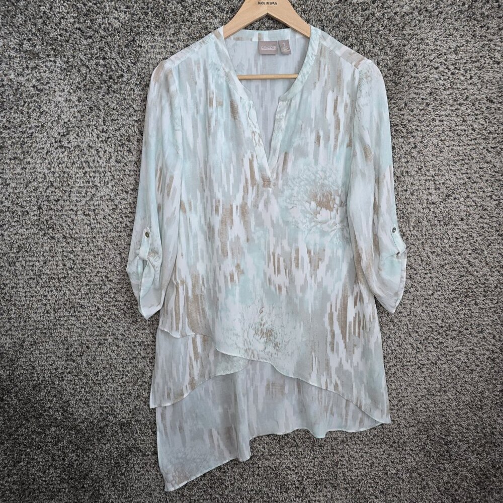 Chicos Top Womens 1 US Medium Blue Printed Tunic V Neck High Low Casual Ladies